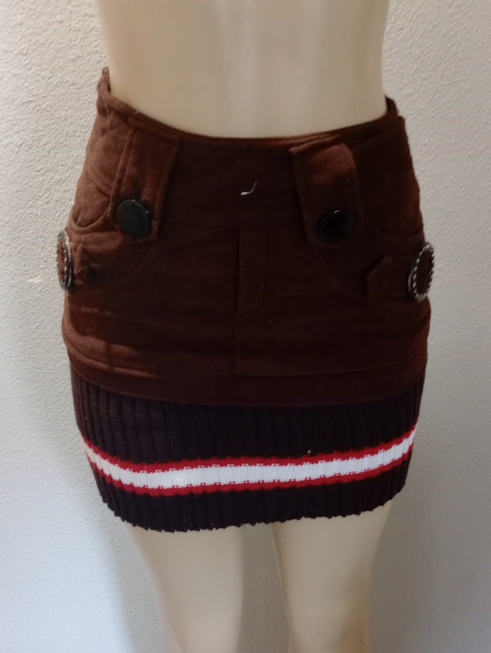 Brown Mini Skirt with Knit Stripe Hem